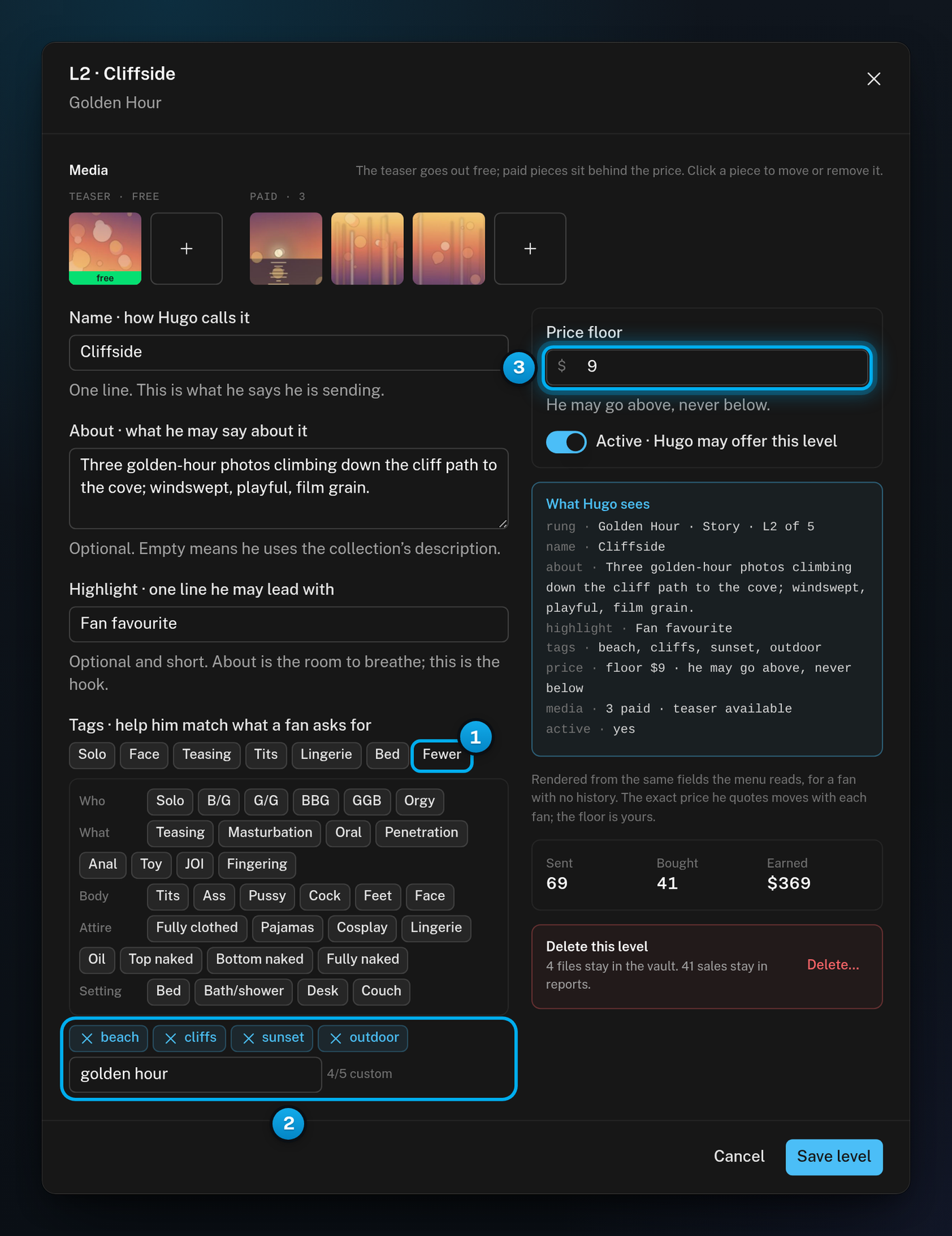 The level editor with all five tag groups open, the custom tag box with its counter, and the Price floor box