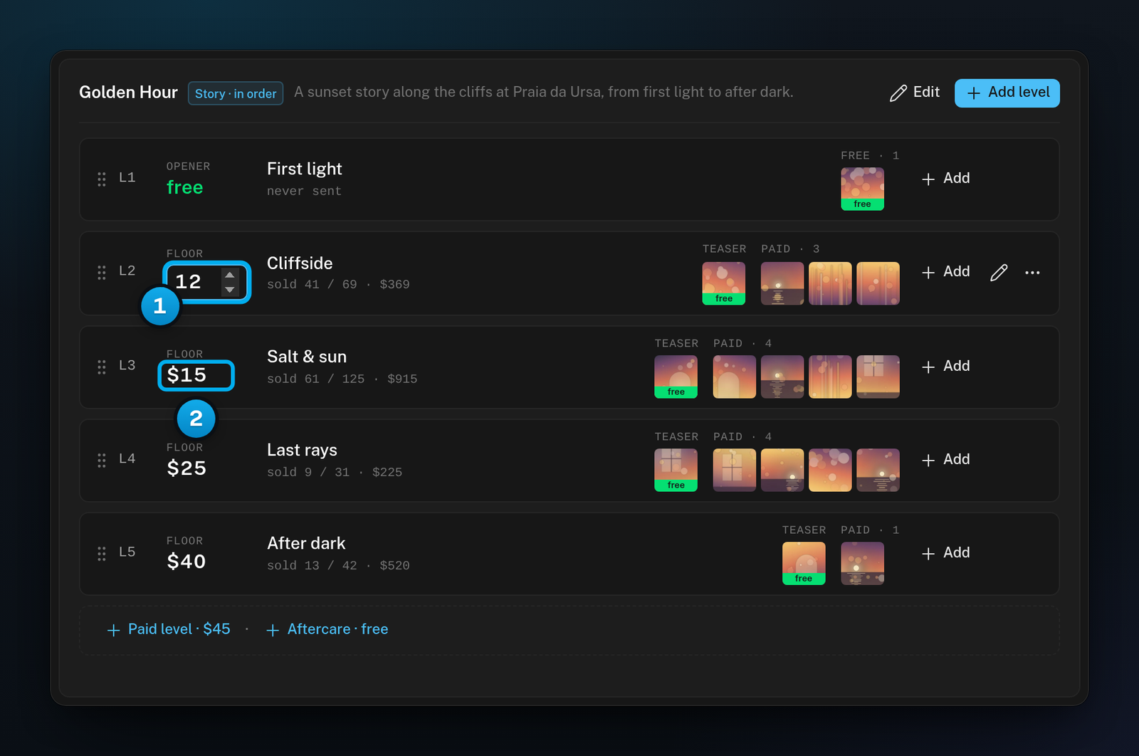 The price box open on L2 of a Story ladder with a new floor typed in, and L3 priced higher than L2
