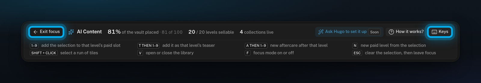 The top of the board in Focus mode, with the Keys button, the list of shortcuts under it and the Exit focus button