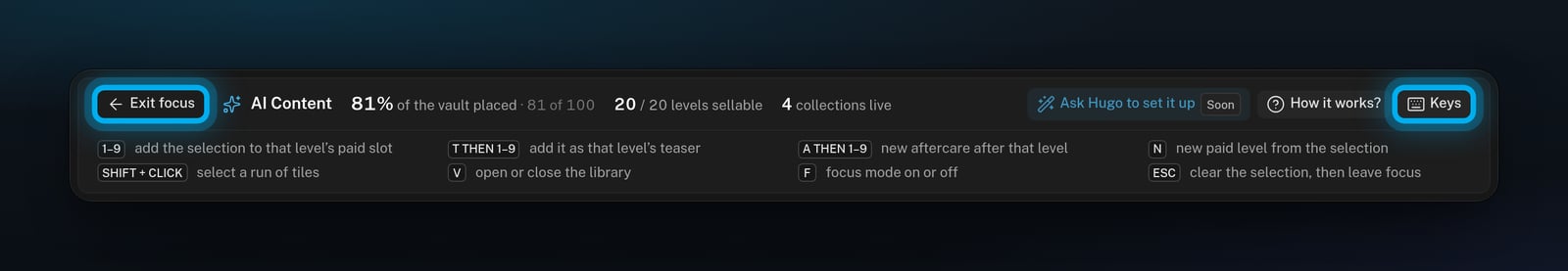 The top of the board in Focus mode, with the Keys button, the list of shortcuts under it and the Exit focus button