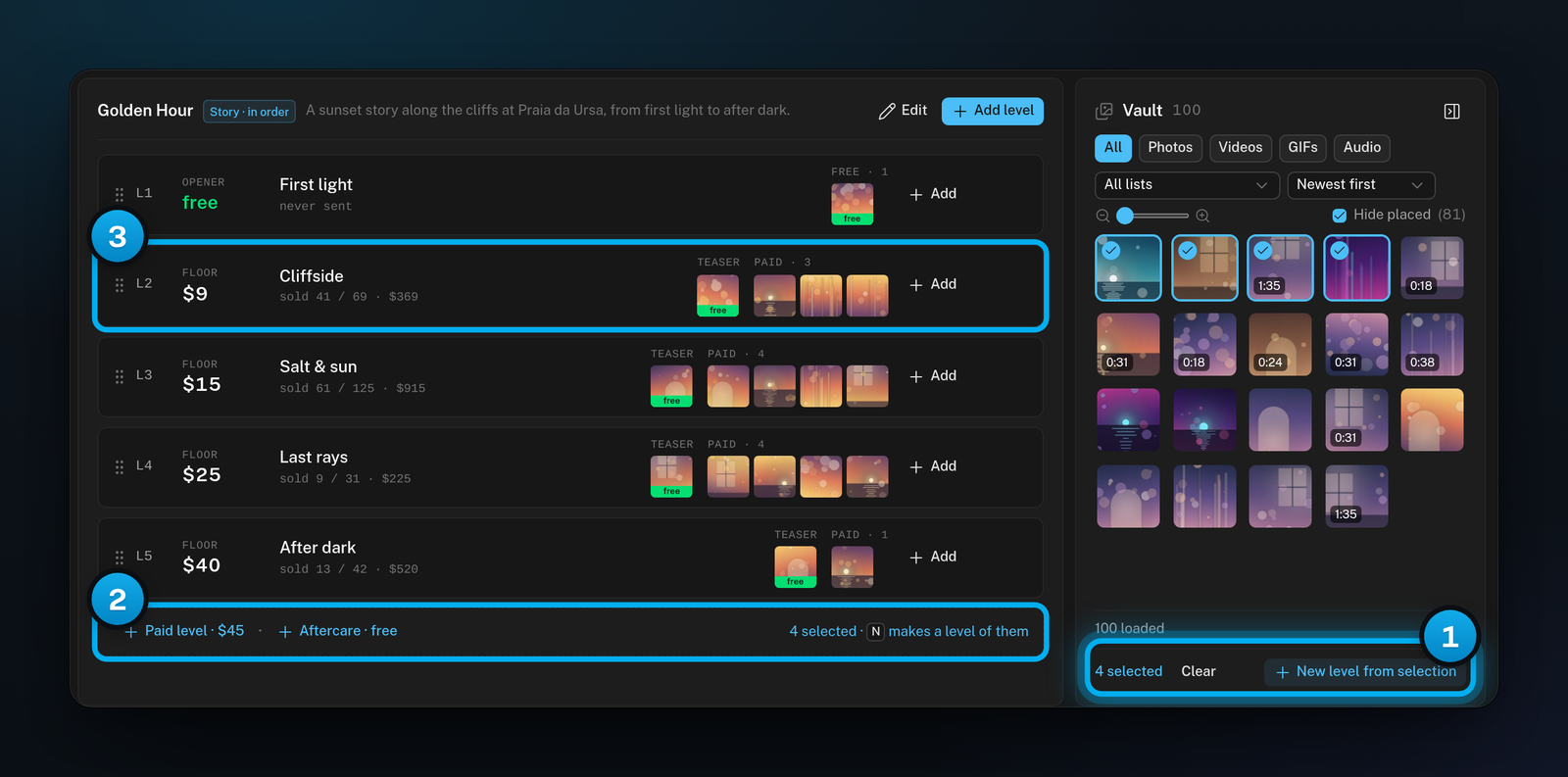 AI Content in Focus mode with four vault files selected, the selection count at the end of the ladder, and level L2