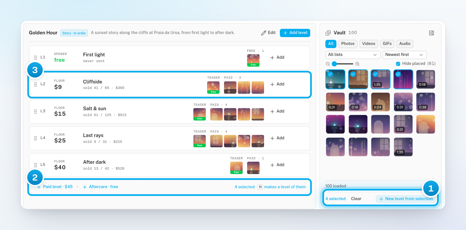 AI Content in Focus mode with four vault files selected, the selection count at the end of the ladder, and level L2