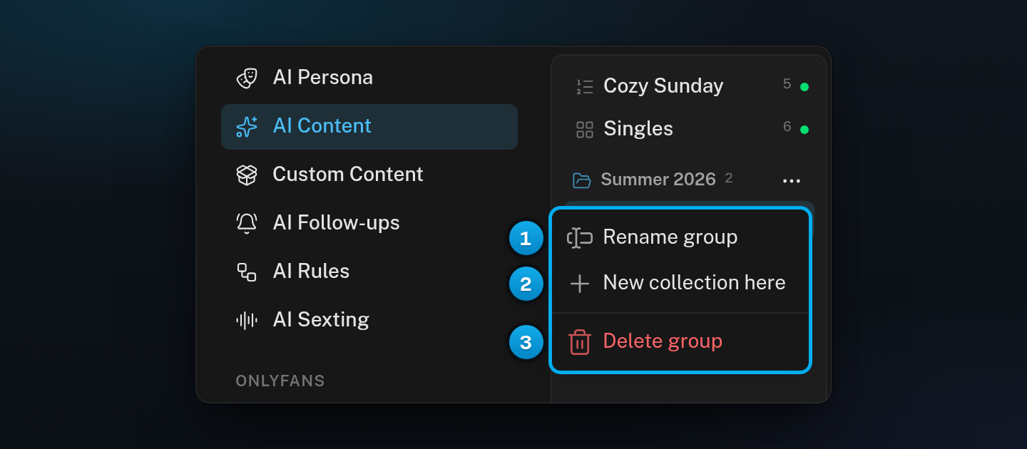 The menu of a group in the collection list, with Rename group, New collection here and Delete group