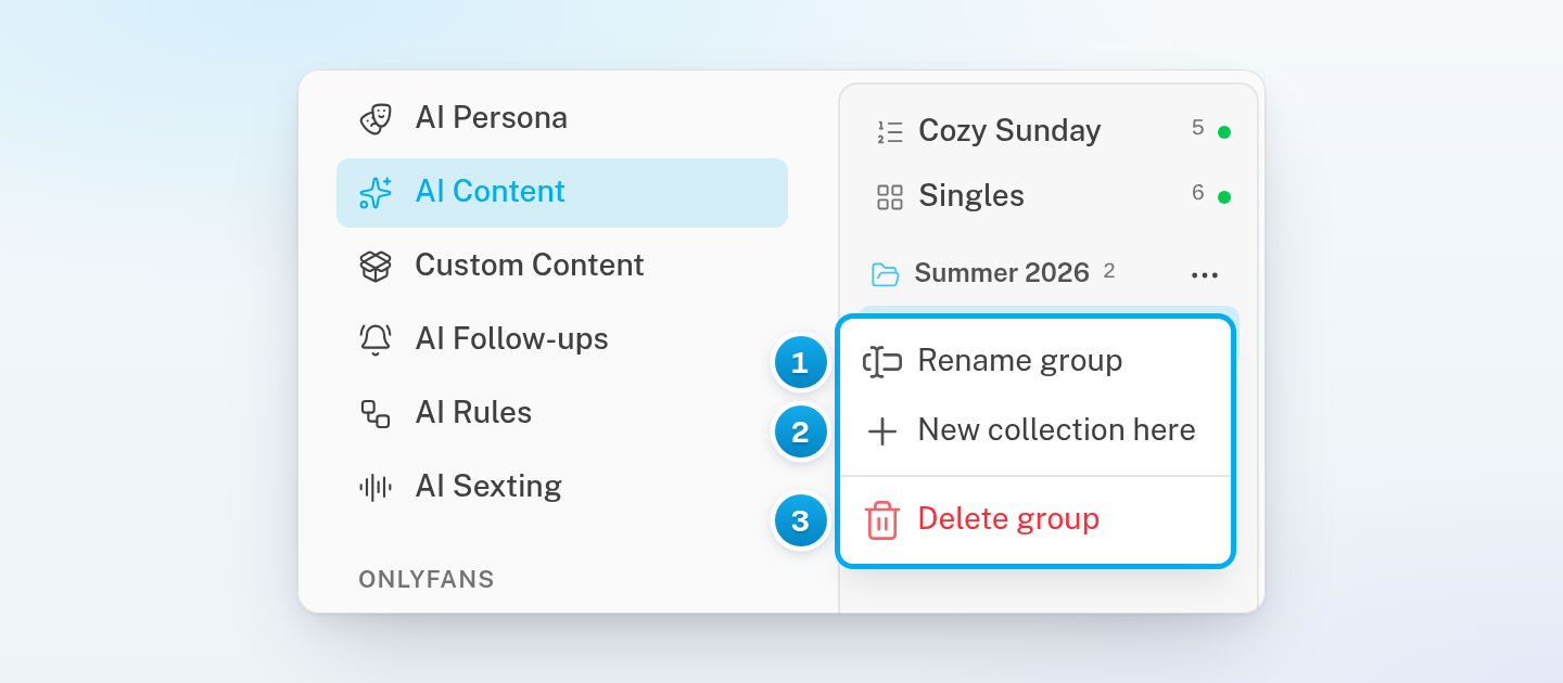 The menu of a group in the collection list, with Rename group, New collection here and Delete group