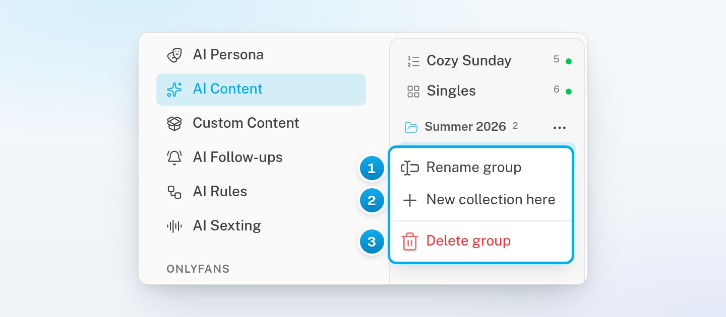 The menu of a group in the collection list, with Rename group, New collection here and Delete group