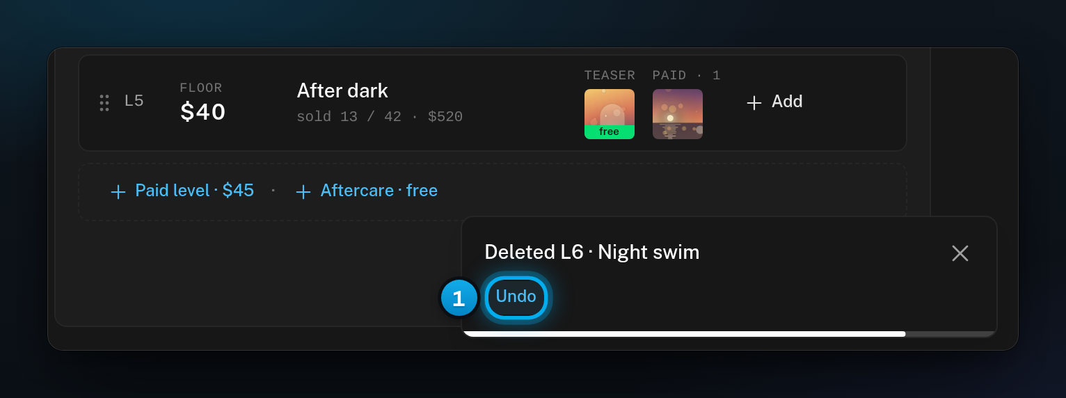The message Deleted L6 · Night swim with its Undo button, next to the ladder the level was deleted from