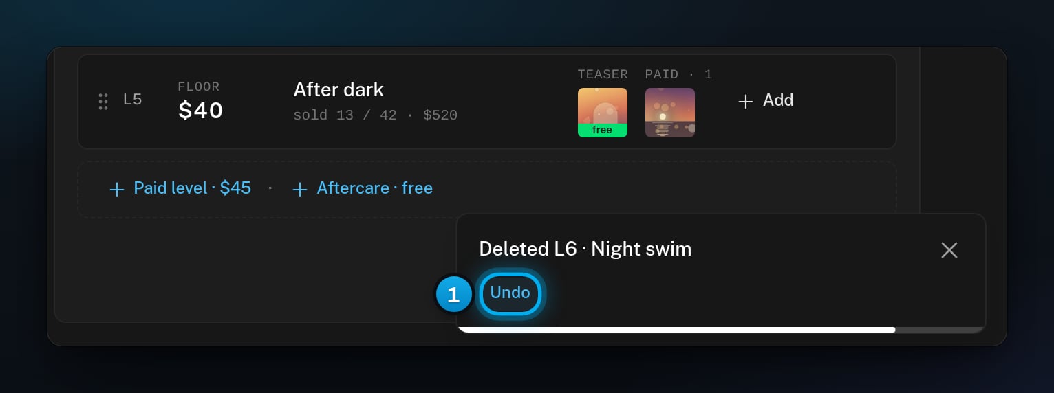 The message Deleted L6 · Night swim with its Undo button, next to the ladder the level was deleted from