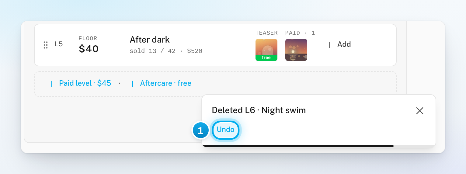 The message Deleted L6 · Night swim with its Undo button, next to the ladder the level was deleted from