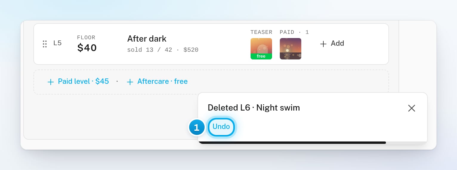 The message Deleted L6 · Night swim with its Undo button, next to the ladder the level was deleted from