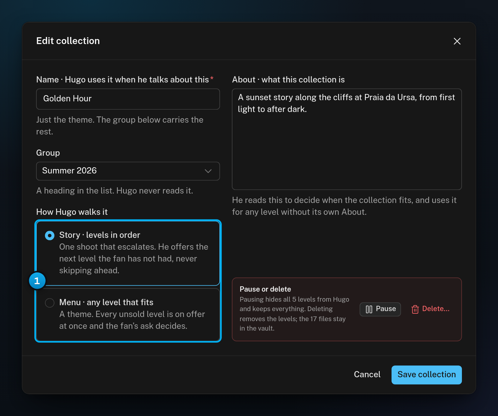 The Edit collection window with the two ways Hugo can walk a collection: Story, levels in order, and Menu, any level that fits