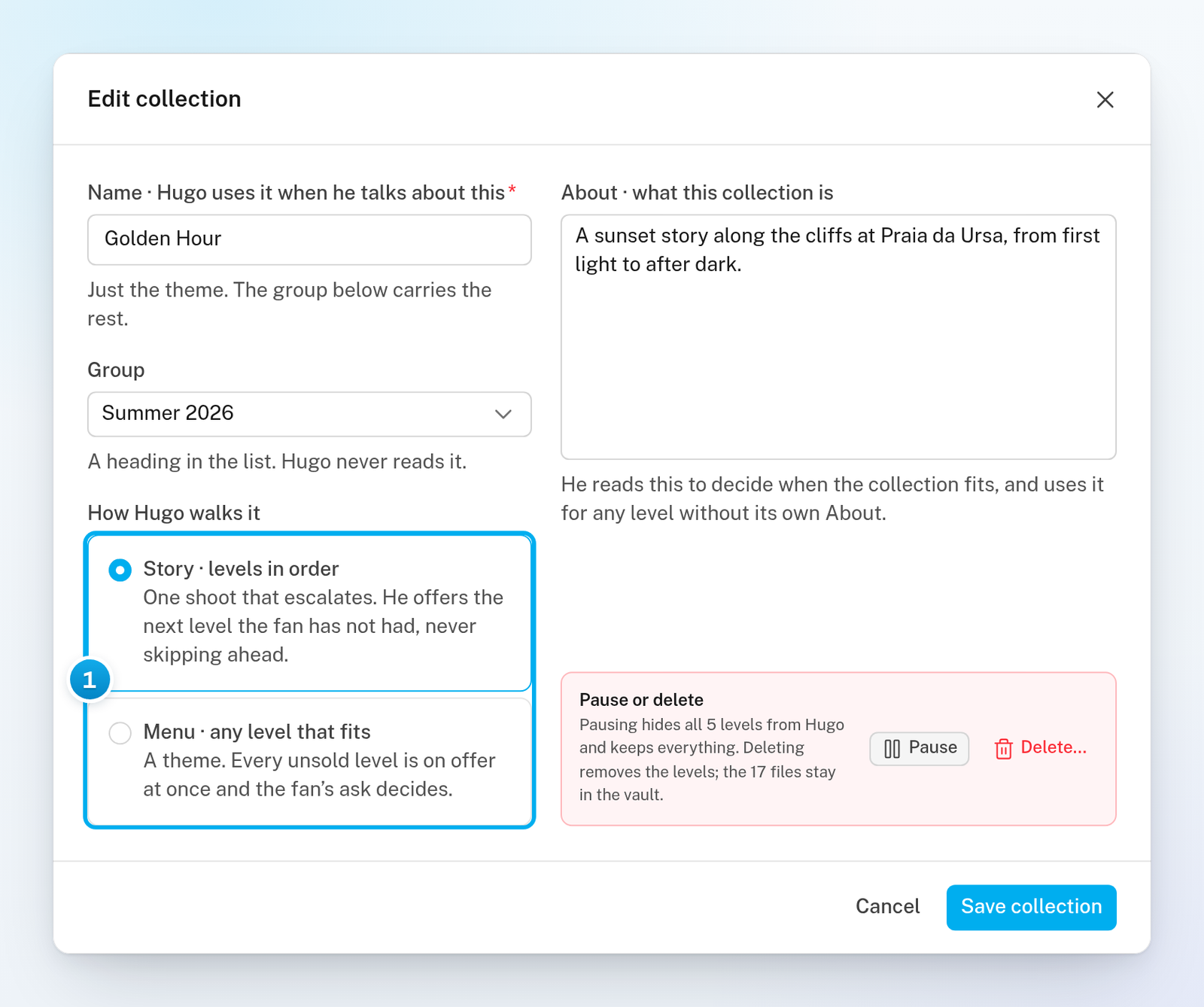 The Edit collection window with the two ways Hugo can walk a collection: Story, levels in order, and Menu, any level that fits