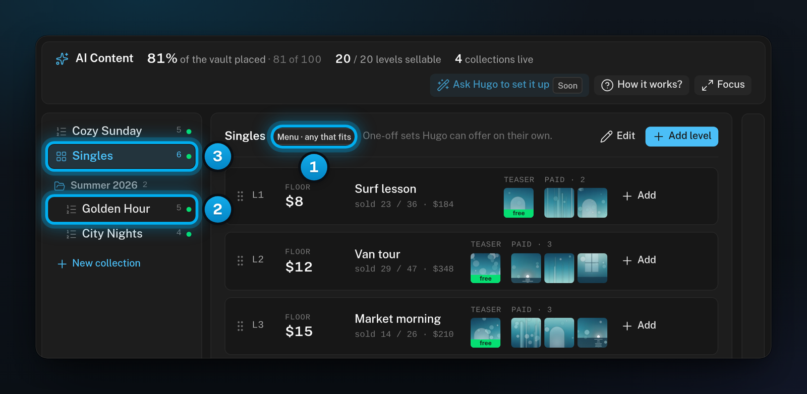 A Menu collection open on the ladder with its Menu badge, next to the collection list where each collection shows a Story or Menu icon