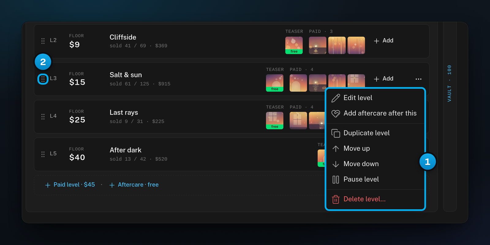 The menu of L3 on a Story ladder with Move up and Move down, and the grip at the start of the row for dragging