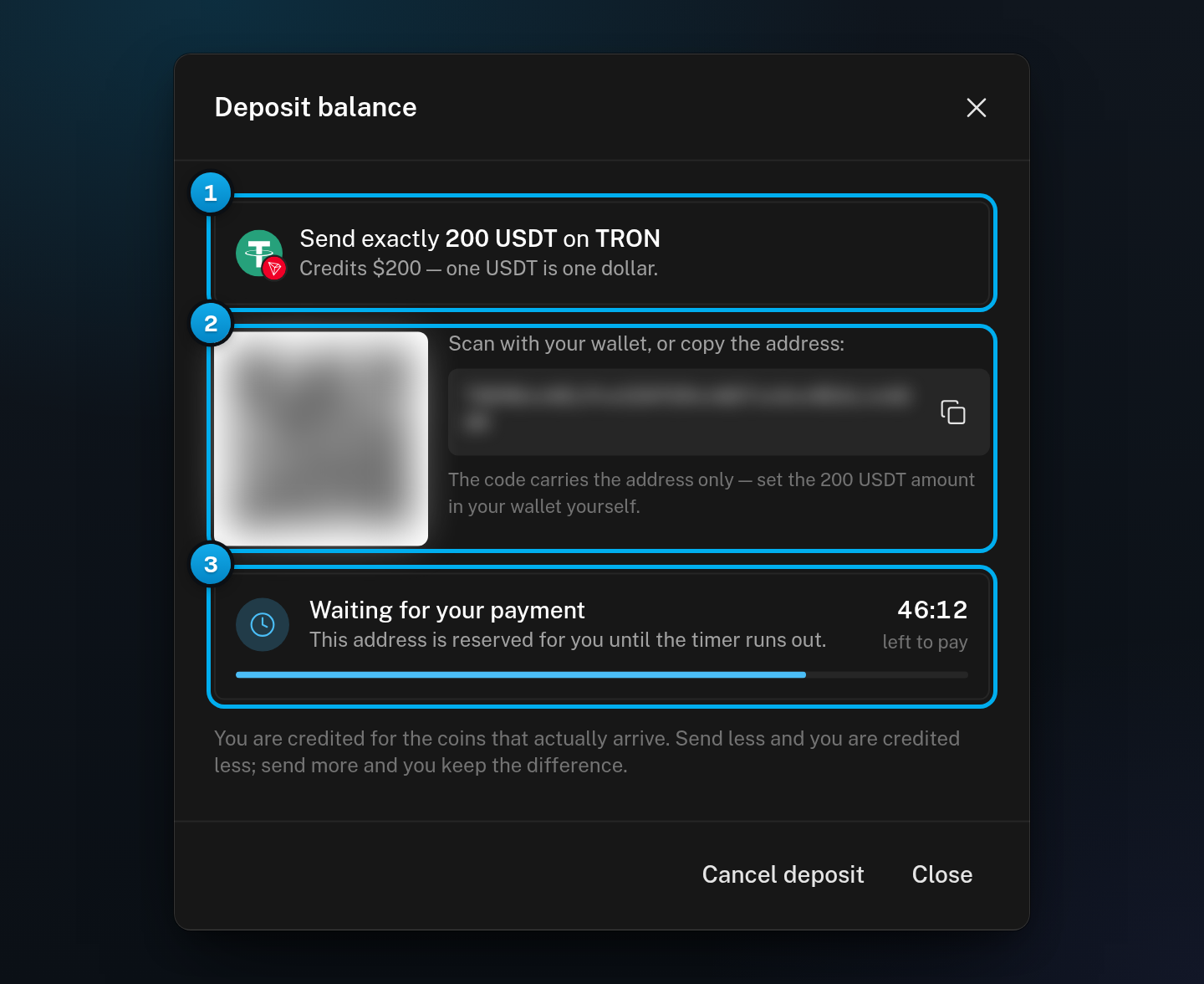 The payment step: Send exactly 200 USDT on TRON, the QR code and address (blurred here), and Waiting for your payment with the time left