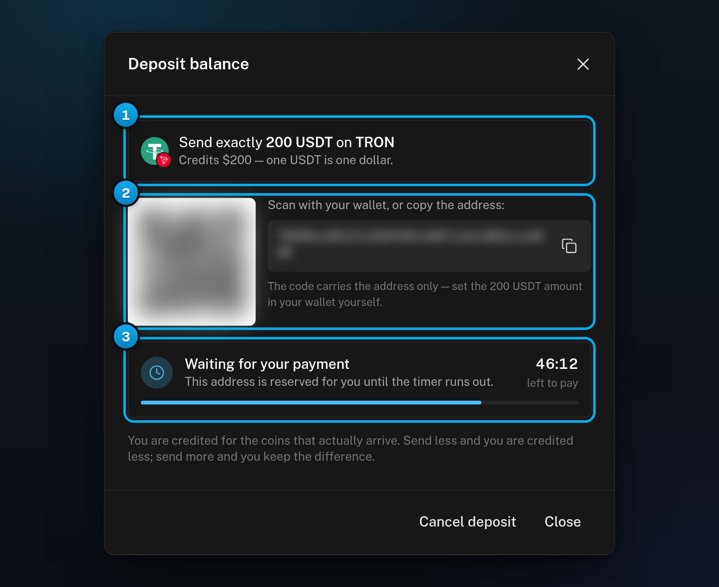 The payment step: Send exactly 200 USDT on TRON, the QR code and address (blurred here), and Waiting for your payment with the time left