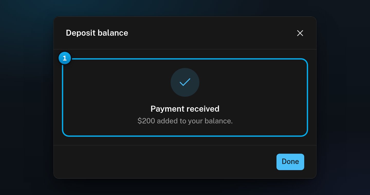 The Deposit balance window showing Payment received and $200 added to your balance, with the Done button