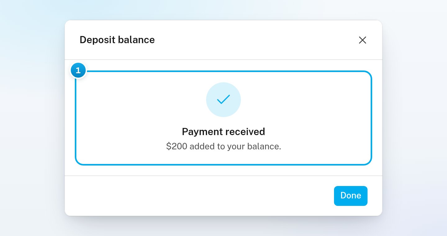The Deposit balance window showing Payment received and $200 added to your balance, with the Done button