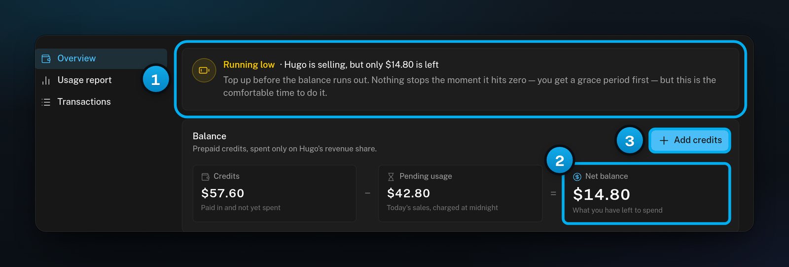 The status card showing Running low, with the Net balance on the Balance card under it and the Add credits button