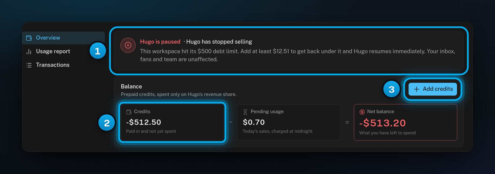 The Hugo is paused status card saying the $500 debt limit was reached and how much to add, Credits at minus $512.50, and the Add credits button