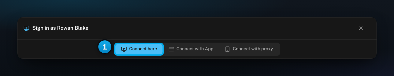 The top of the sign-in window for Rowan Blake, with the Connect here tab selected