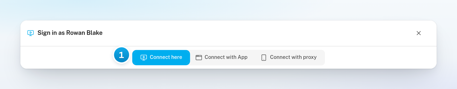 The top of the sign-in window for Rowan Blake, with the Connect here tab selected