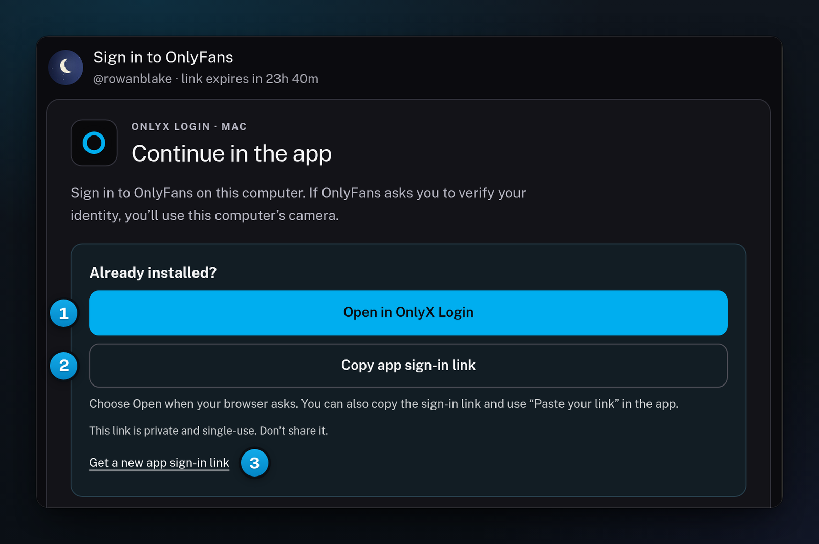 The creator's setup page on a Mac with Open in OnlyX Login, Copy app sign-in link and Get a new app sign-in link