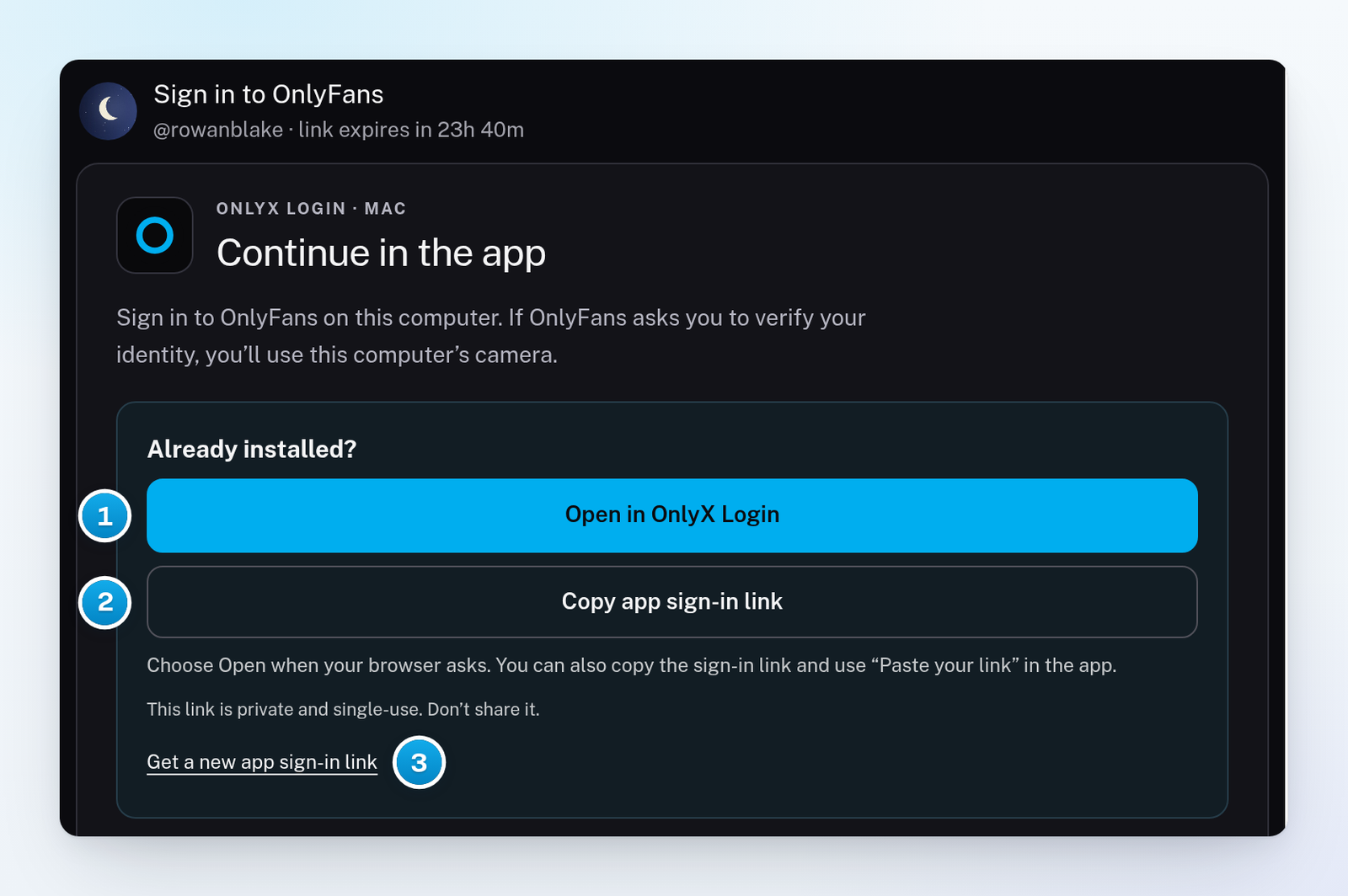 The creator's setup page on a Mac with Open in OnlyX Login, Copy app sign-in link and Get a new app sign-in link