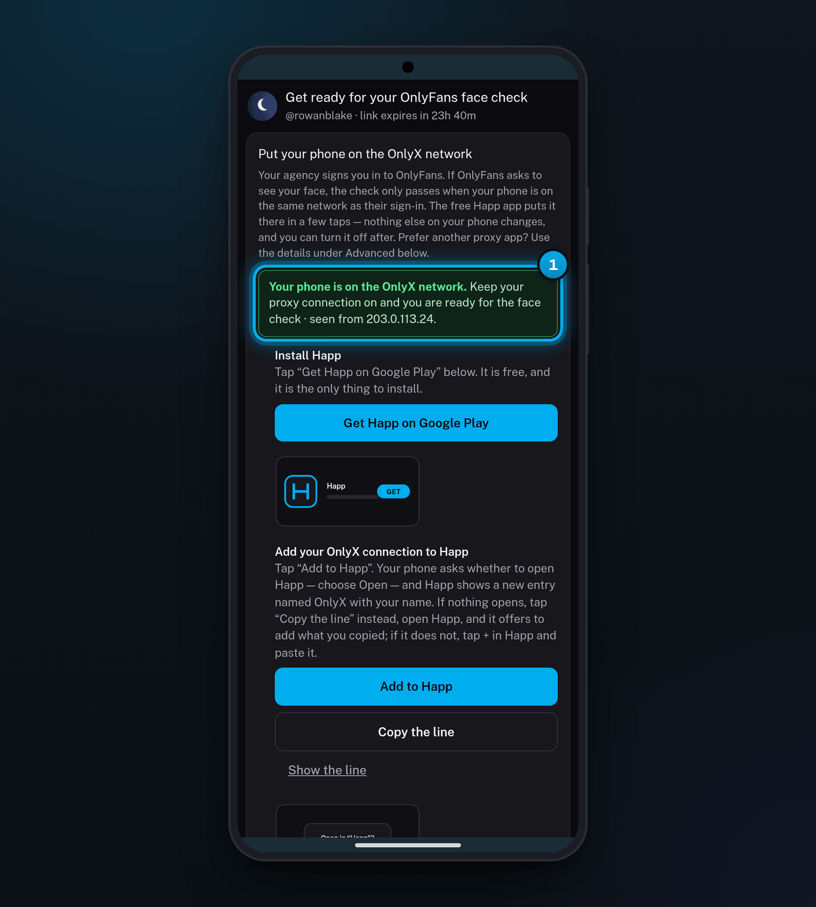 The creator's proxy page on an Android phone with the green line saying her phone is on the OnlyX network