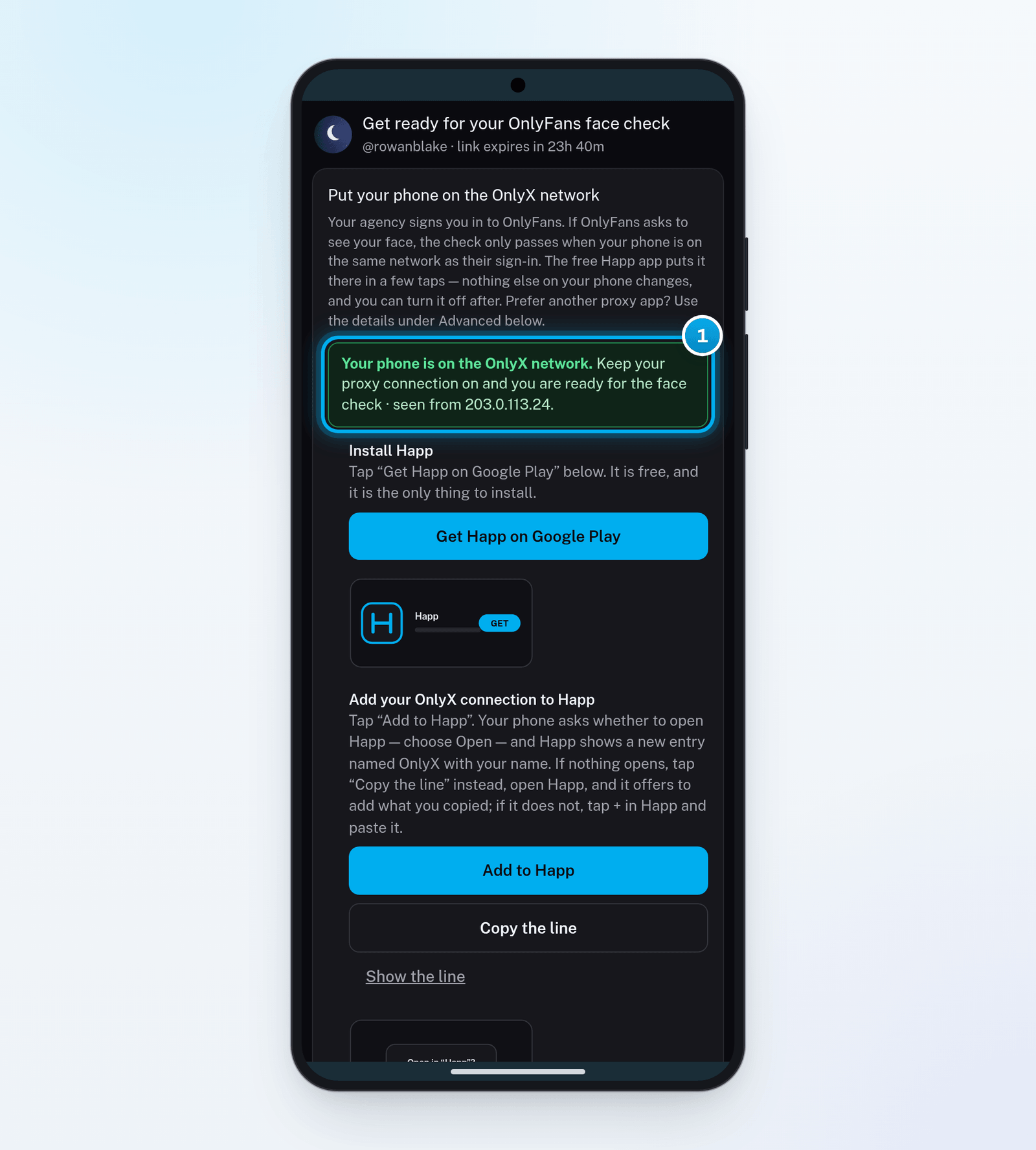 The creator's proxy page on an Android phone with the green line saying her phone is on the OnlyX network