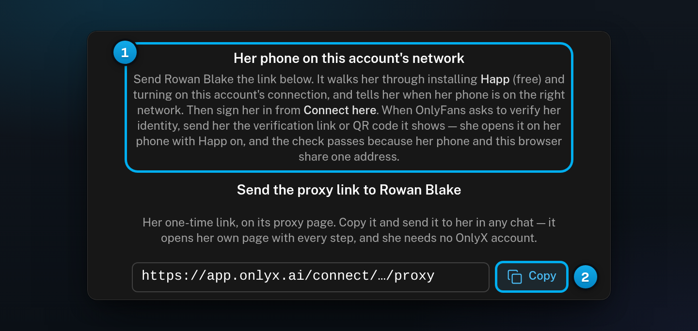 The Connect with proxy tab of the sign-in window, with the steps for the creator's phone and her proxy link with a Copy button