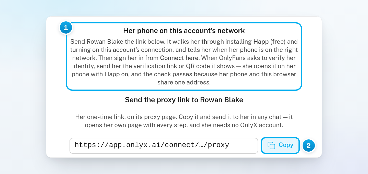 The Connect with proxy tab of the sign-in window, with the steps for the creator's phone and her proxy link with a Copy button