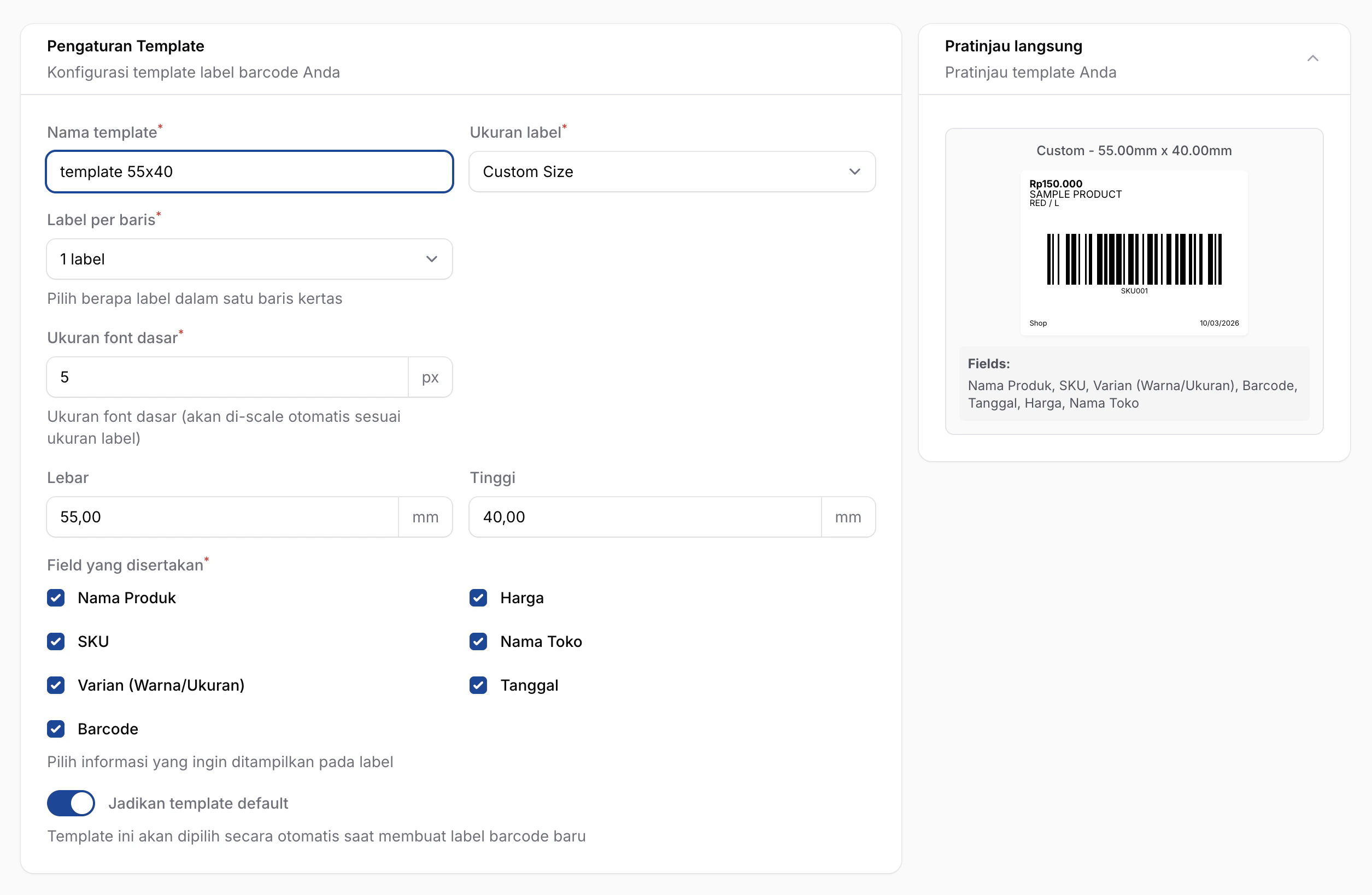 Pengaturan template label