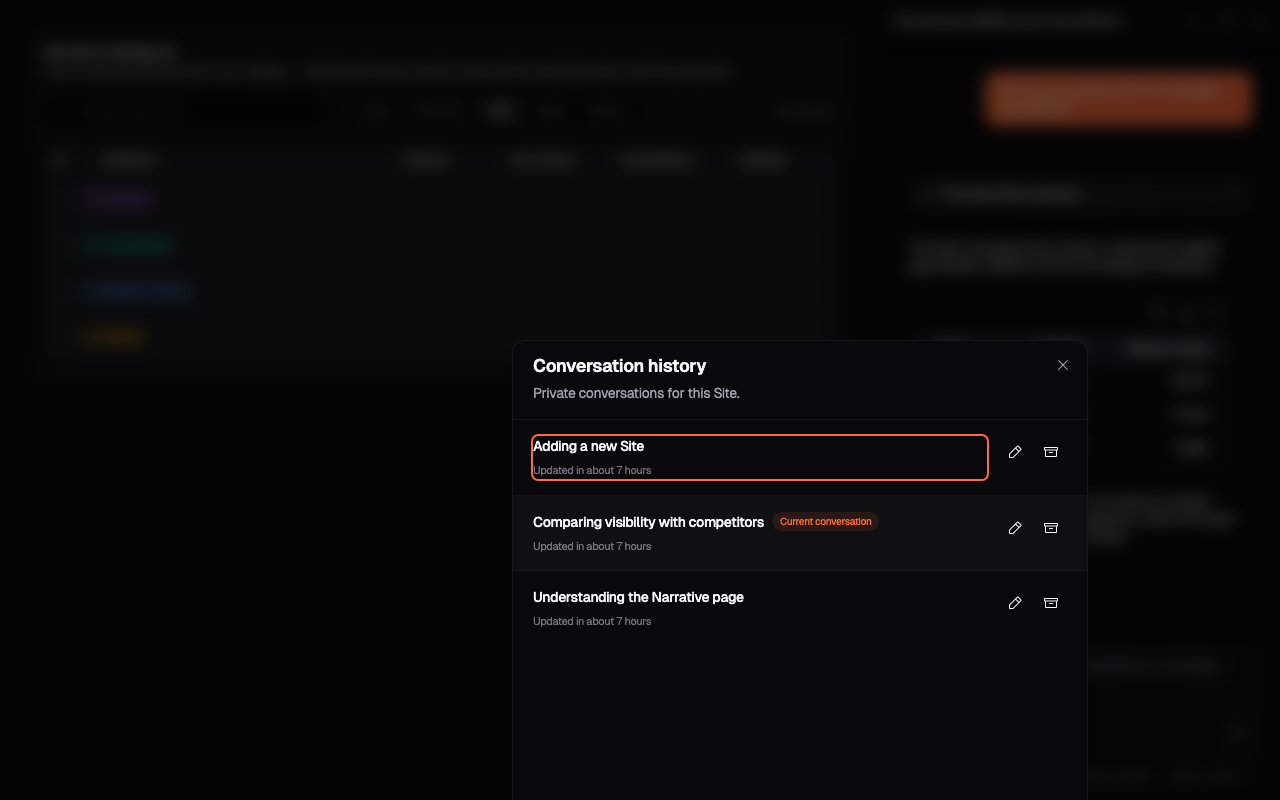 The Narrative dashboard behind the Assistant conversation history dialog
