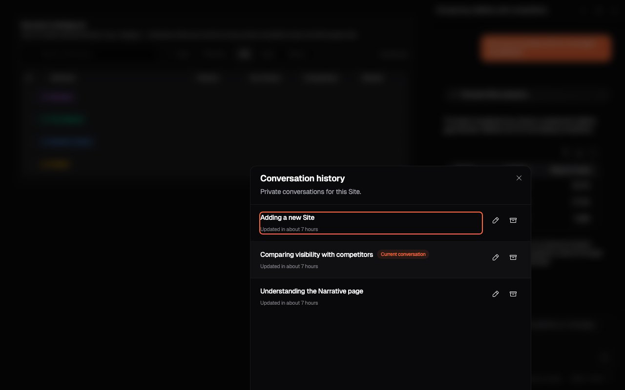 The Narrative dashboard behind the Assistant conversation history dialog
