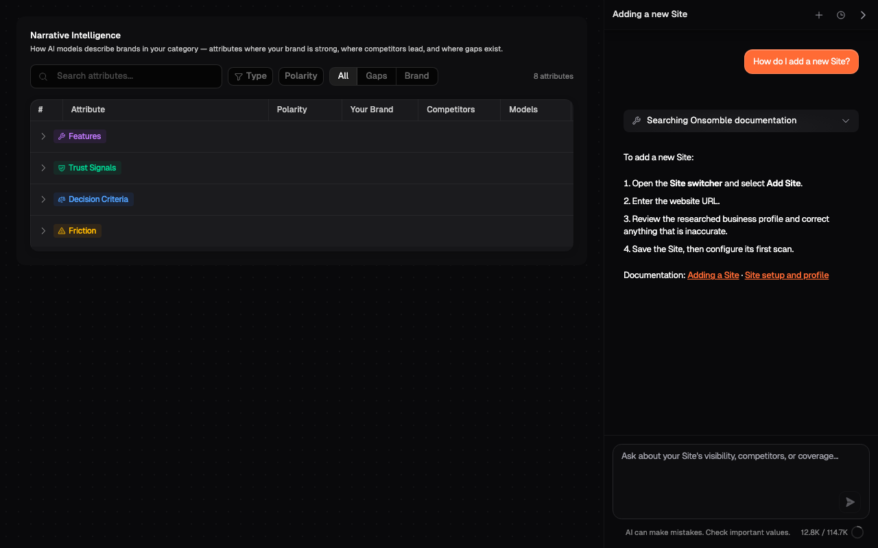 The Narrative dashboard beside an Assistant product-help answer with documentation links