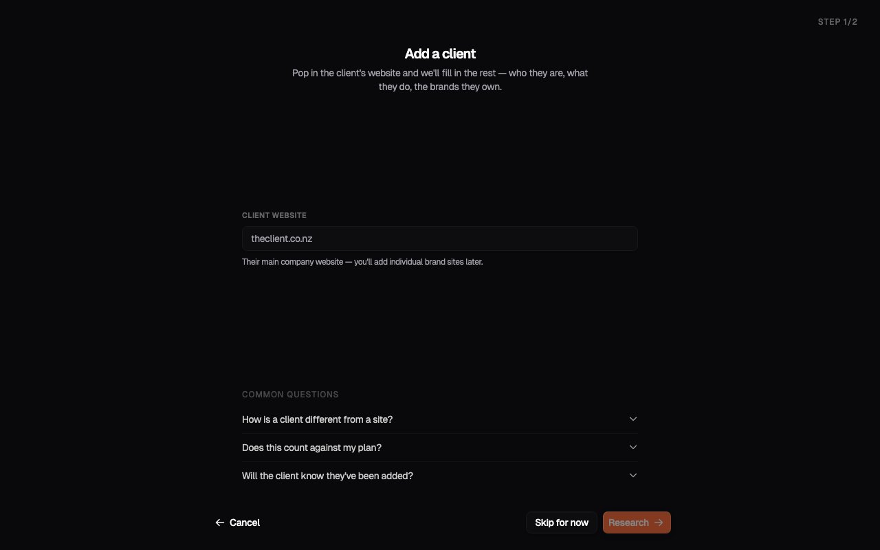 The Add Client flow, starting from the client's website