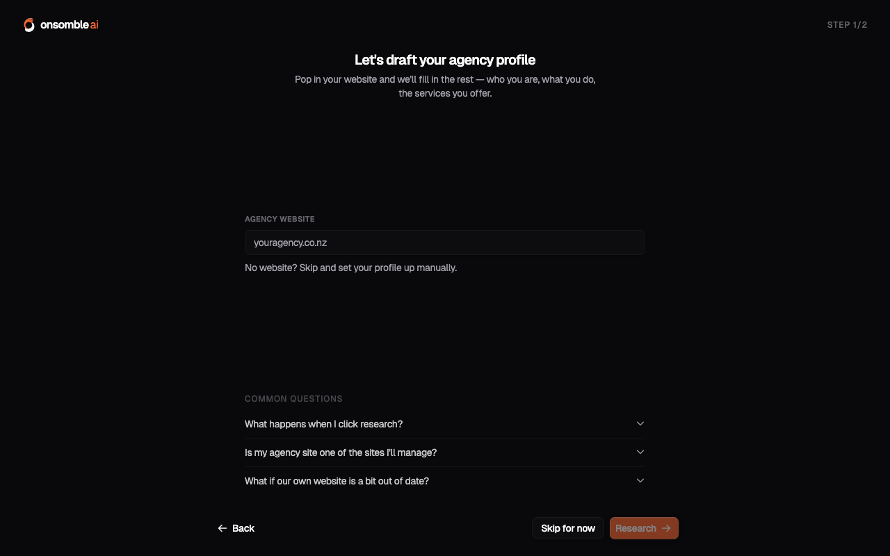Agency setup during onboarding, entering the agency's website for research