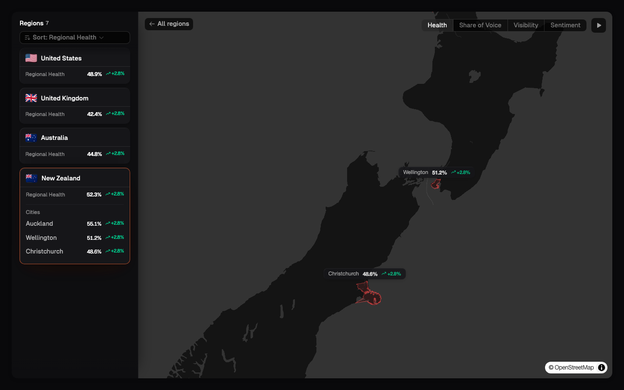 Region Exploration showing AI visibility results on a map of New Zealand