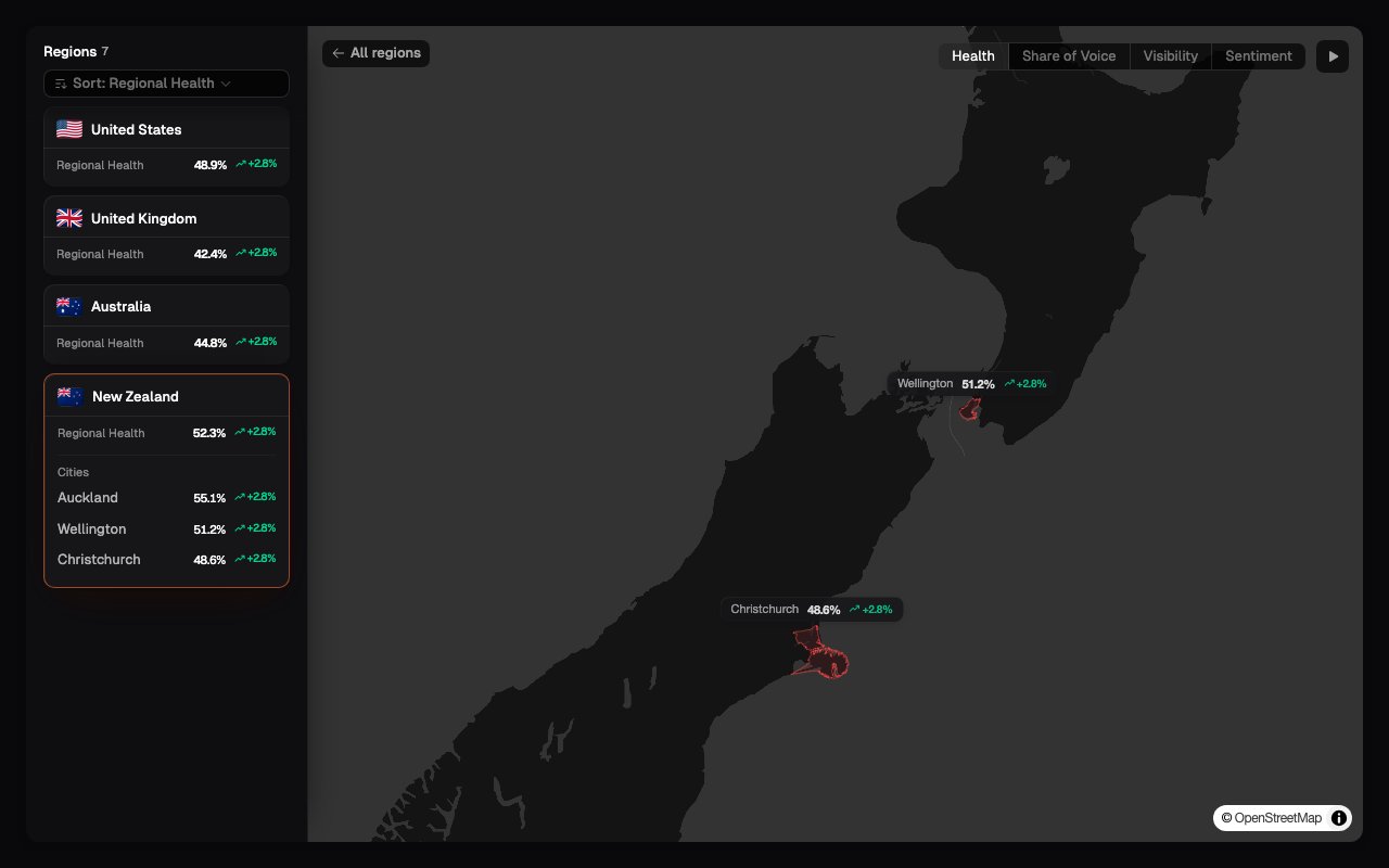 Region Exploration showing AI visibility results on a map of New Zealand
