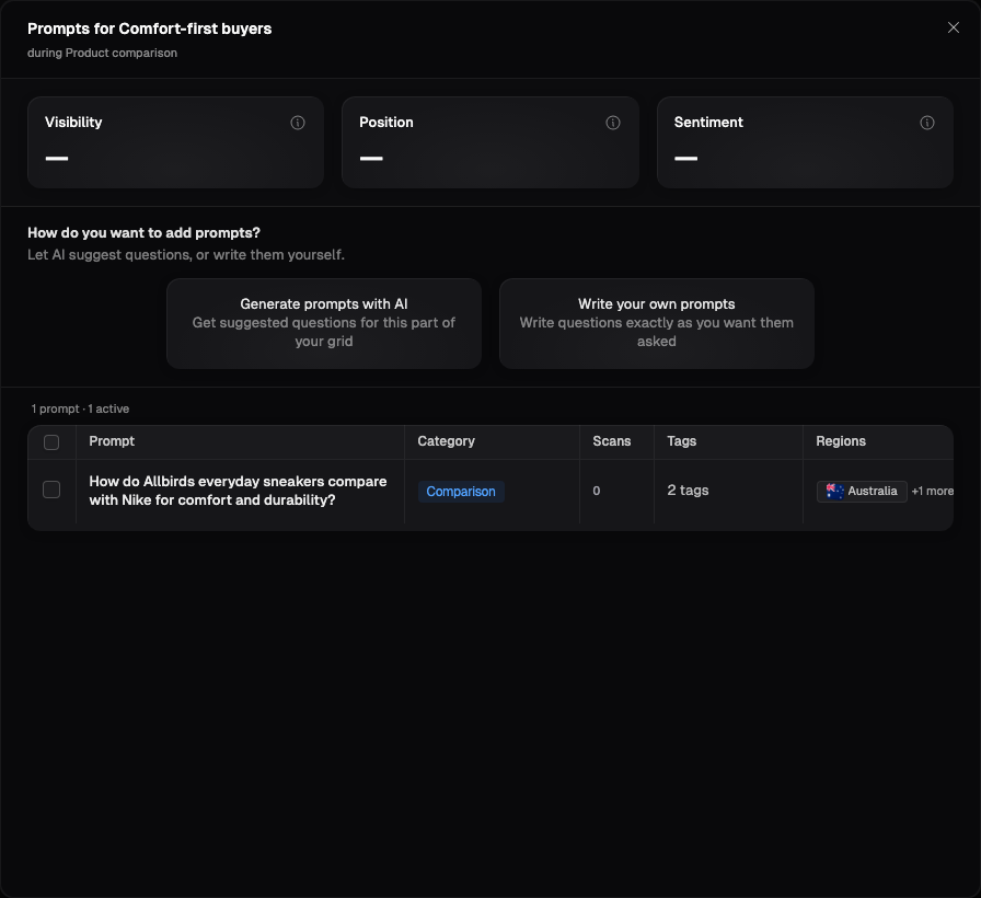 Matrix intersection dialog with Generate prompts with AI and Write your own prompts options