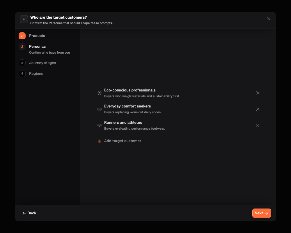 Personas step with the customer groups that will shape the generated questions