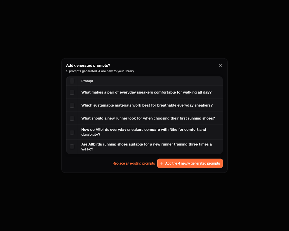 Add generated prompts dialog with generated questions, selection controls, and add or replace actions