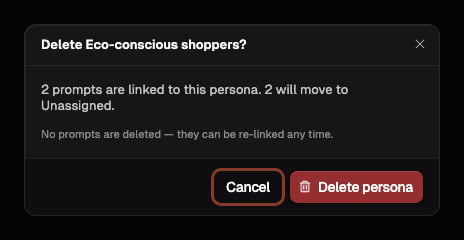 Delete Persona confirmation showing the effect on linked and unassigned prompts