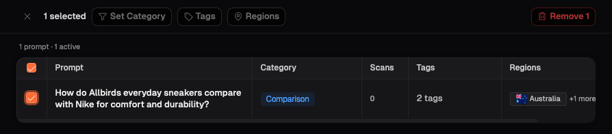 Intersection dialog with one prompt selected and group controls for Category, tags, regions, and removal