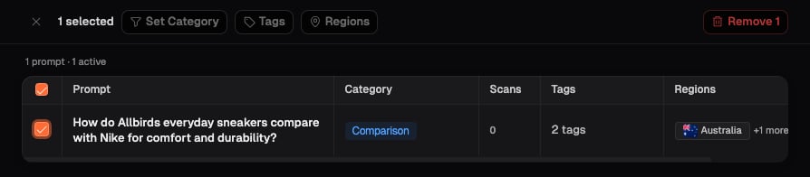 Intersection dialog with one prompt selected and group controls for Category, tags, regions, and removal