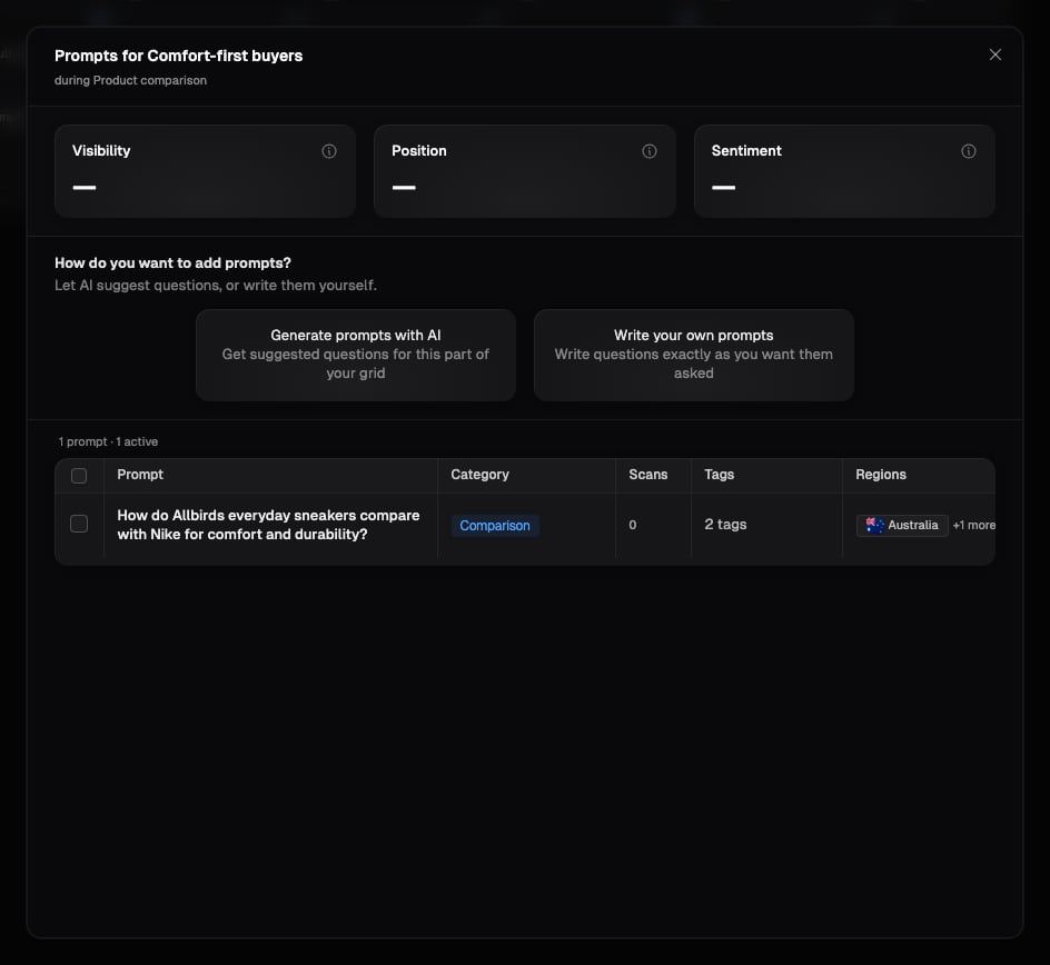Populated intersection dialog for Comfort-first buyers during Product comparison