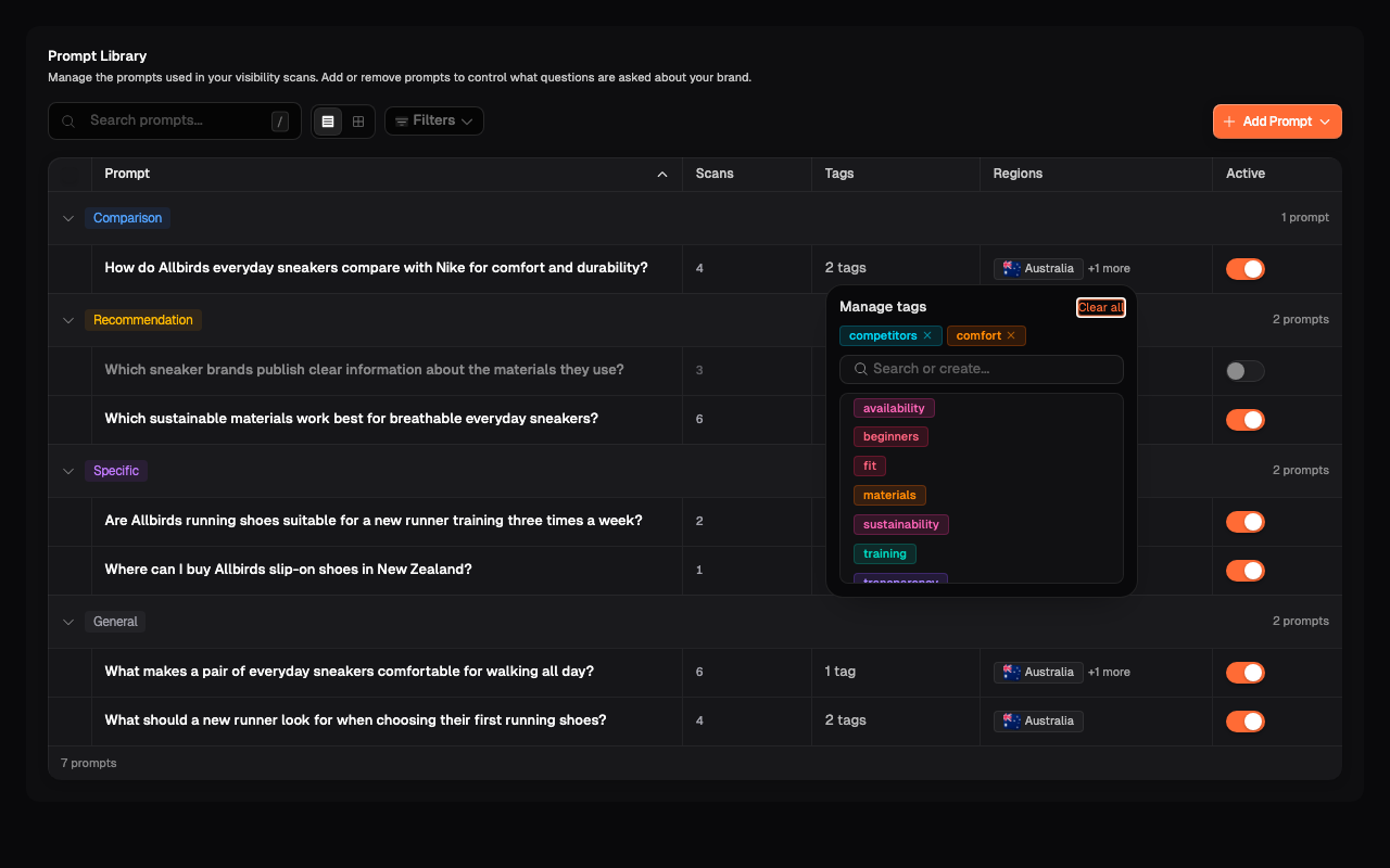 Manage tags menu opened from a prompt row with its selected tags and available tags