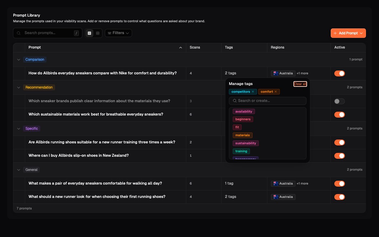 Manage tags menu opened from a prompt row with its selected tags and available tags