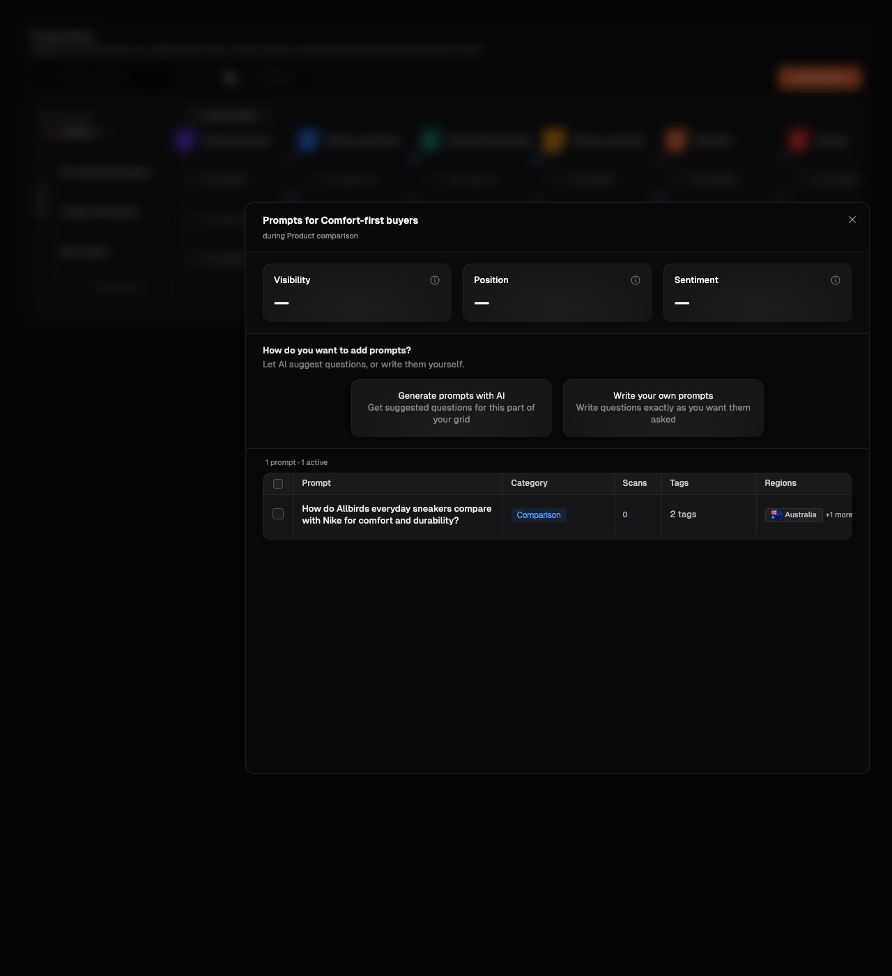 Matrix intersection dialog with Generate prompts with AI and Write your own prompts options