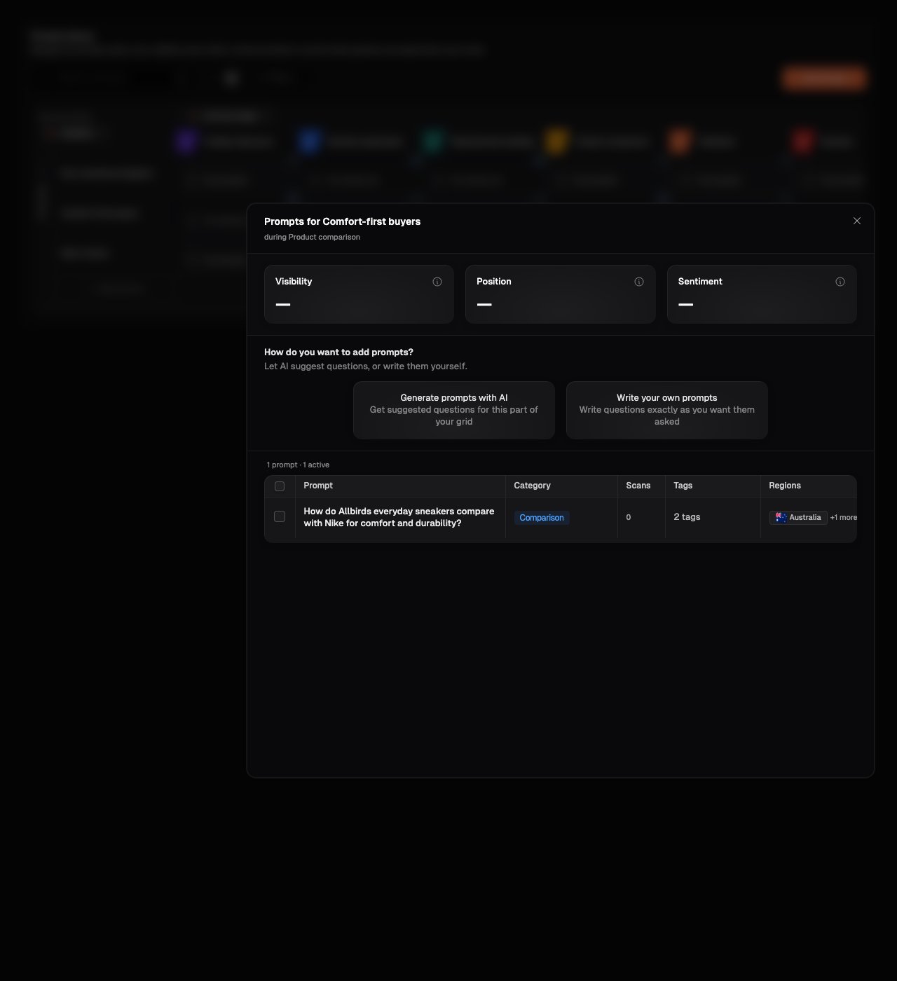 Matrix intersection dialog with Generate prompts with AI and Write your own prompts options